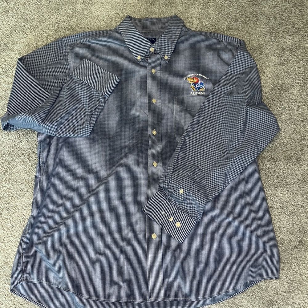 Alumni University of Kansas KU Jayhawks gingham button down work pocket Shirt XL